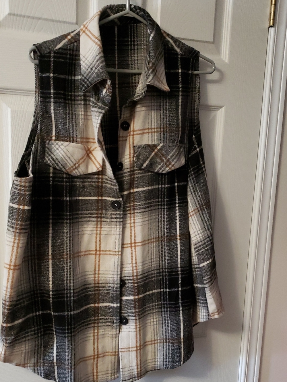 Plaid Button-Up Sleeveless Shirt - Black, Cream & Brown